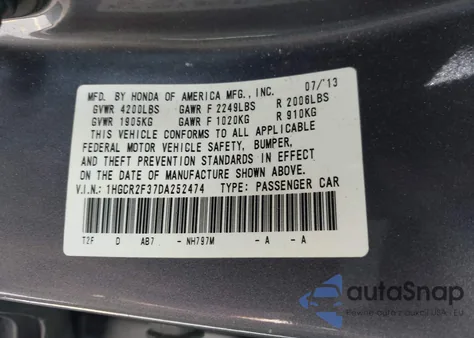 2013 Honda Accord Lx z USA, uszkodzony, nr VIN 1HGCR2F37DA252474